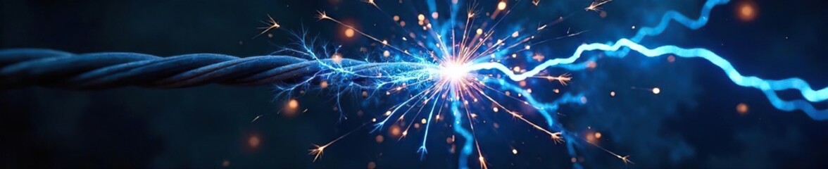Close-up of sparking electrical wires, bright blue arcs crackling with intense energy, a visceral display of raw power , shocking, arc