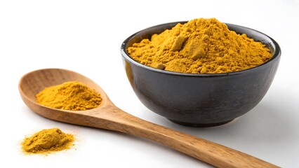 Golden Powder Still Life: Aromatic Spice in Wooden Bowl with Spoon on Clean White Backdrop.
