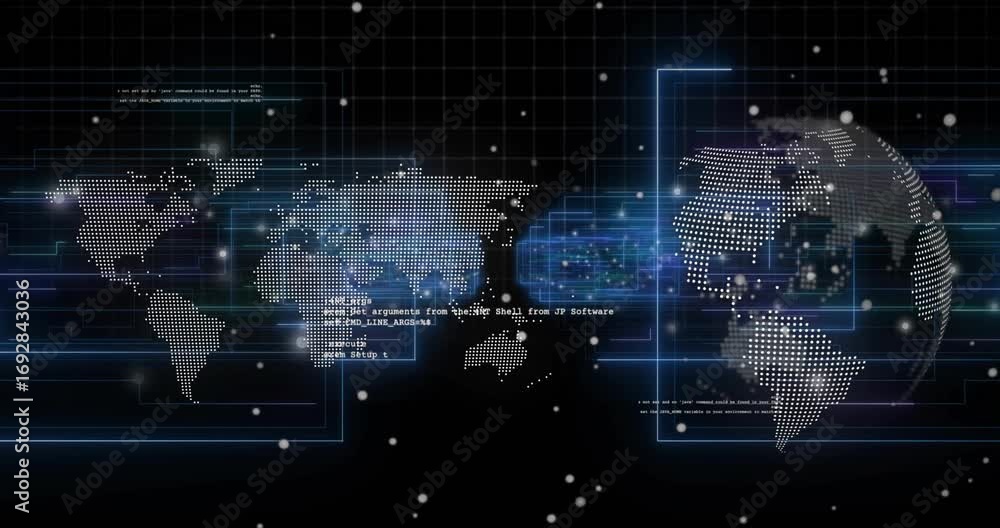 Aufkleber upon dotted map and rotating globe appearance, code scrolling, particles drifting showing data flow