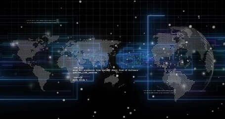 Upon dotted map and rotating globe appearance, code scrolling, particles drifting showing data flow - Powered by Adobe