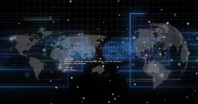 Upon dotted map and rotating globe appearance, code scrolling, particles drifting showing data flow - Powered by Adobe