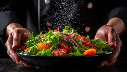 Chef presenting a vibrant mixed salad