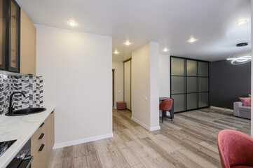 modern apartment interior with a kitchen area, open space, and stylish furniture. The design is...