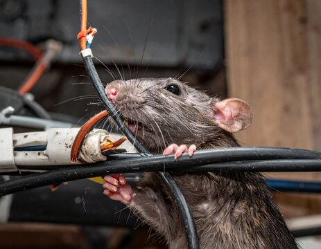 A rat gnawing on electrical wires inside a house