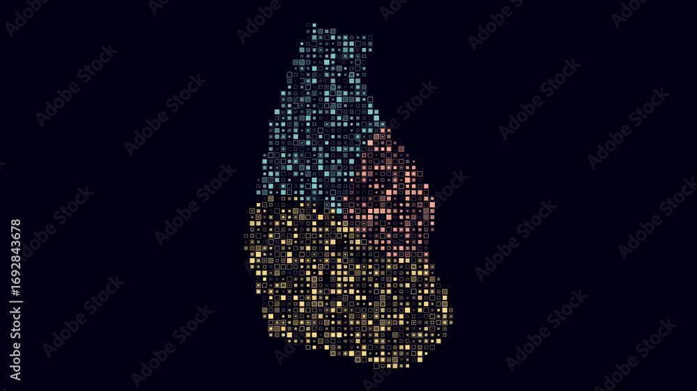 Poster Montserrat map animation. Shape of the country with pulsating colored dots. Small size square blocks. Digital style Montserrat map on dark background. Awesome video.