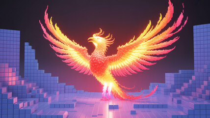Obraz premium Phoenix rises from the ashes in a vibrant display of pixelated art