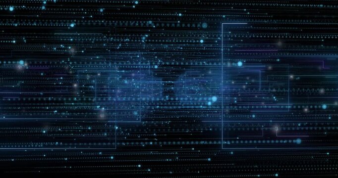Scrolling data lines initiating clusters pulsating neon-blue frame tracing orbs visualizing network