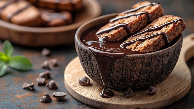 Rich chocolate biscotti generously drizzled with melted chocolate sauce served in a rustic bowl with chocolate chips
