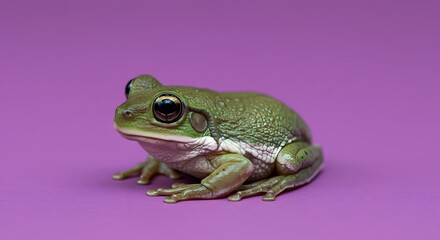 Fototapeta premium Small green frog on purple background