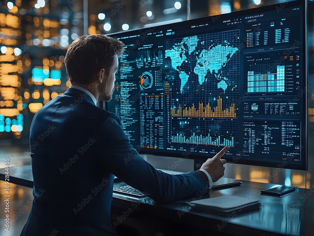 Poster businessman pointing at a large futuristic digital display showing global data financial charts and 