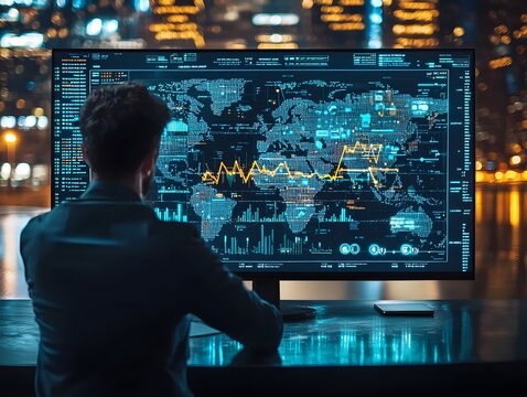 A person analyzes global data streams and financial charts on a large futuristic monitor in a dark modern office environment at night