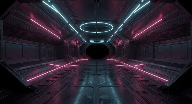 A futuristic dark corridor illuminated by pink and blue neon lights