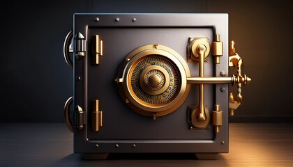 a detailed rendering of a sturdy metal safe featuring a classic golden combination lock dial and a heavy duty handle