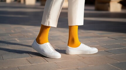 Stylish Strides: A fashion-forward individual steps confidently, showcasing an eye-catching contrast of colors, merging urban style and contemporary trends.