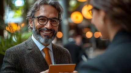 A smiling businessman in glasses holds a tablet while interacting with a colleague in a modern office setting