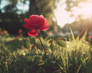 A vibrant red rose in a grassy garden