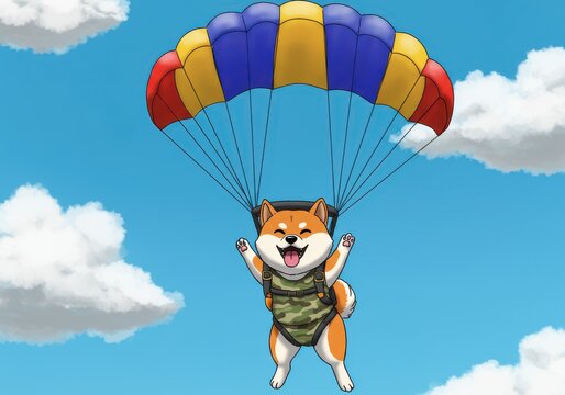 Shiba inu dog parachuting from sky with colorful canopy and clouds