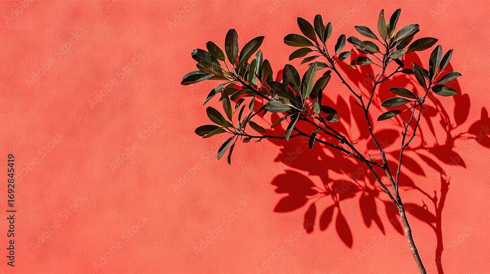 Poster a plant on the wall casts a red shadow and also creates another shadow on the wall due to its own sh