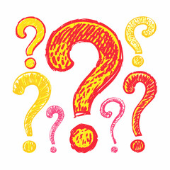 Red and yellow crayon drawn doodle question marks. Collection of various question marks with speech bubbles.