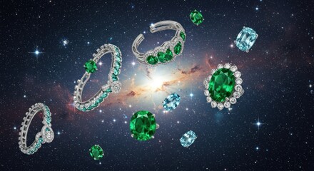 Jewelry featuring green  blue gems floats against a backdrop of space stars and a galaxy