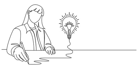 Minimalist Line art vector illustration of Female Student Writing, Knowledge and Idea Concept