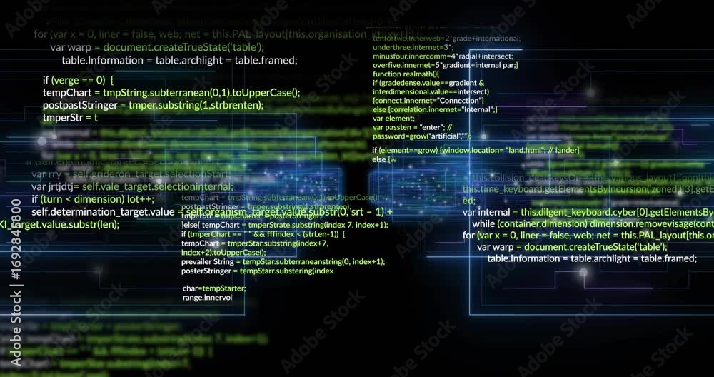 Poster floating neon blue clusters initiating code scrolling, pulsing shifting inward forming interface