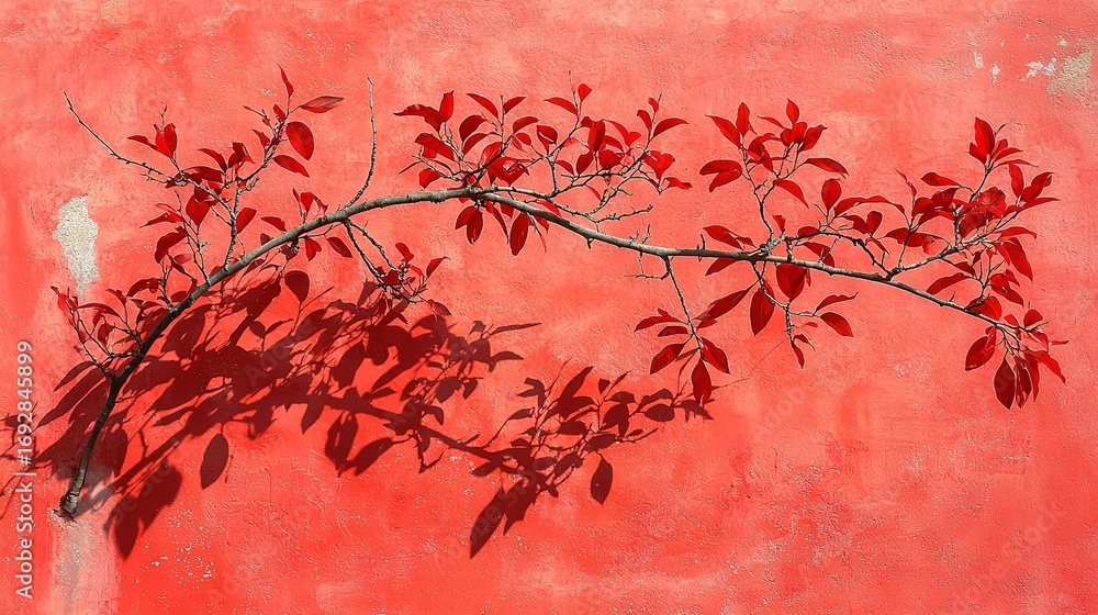 Aufkleber red wall with shadowed tree branch and red background