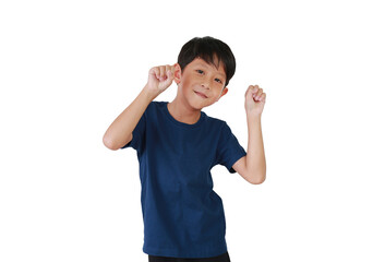 Happy Asian boy age 7-8 years old showing his fist gesture against white background.
