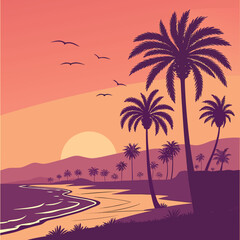 Vibrant gradient sunset silhouette of palm trees on a tropical beach with a colorful sky
