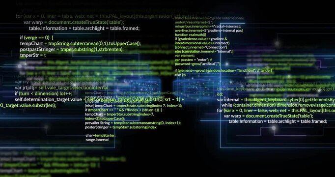 Floating neon blue clusters initiating code scrolling, pulsing shifting inward forming interface