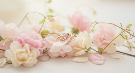Two gold rings are atop a soft pink flower bed among petals and winding green stems