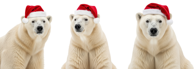 a collection of three polar bears (ursus maritimus) wearing santa hats