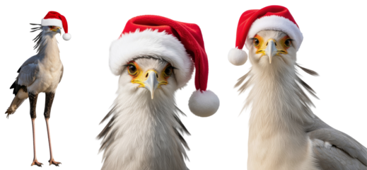 a collection of a secretary birds (sagittarius serpentarius) wearing santa hats