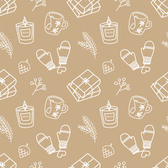 Vector seamless pattern with white winter icon elements on a beige background. White Christmas wrapping paper design