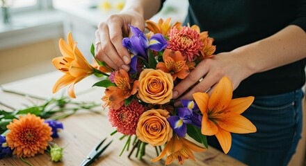 Person Arranging Colorful Flower Bouquet with Orange Roses and Lilies
