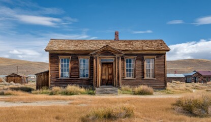 Antique wooden building in a dusty landscape