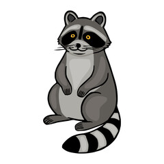 Adorable vector illustration of a cartoon raccoon sitting, featuring a playful design with distinct grey and black fur, bright yellow eyes, and a characteristic striped tail.