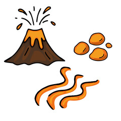 A playful vector illustration featuring a cartoon volcano erupting, lava flows, and volcanic rocks, rendered in a hand-drawn style with bold outlines and vibrant orange and brown hues.
