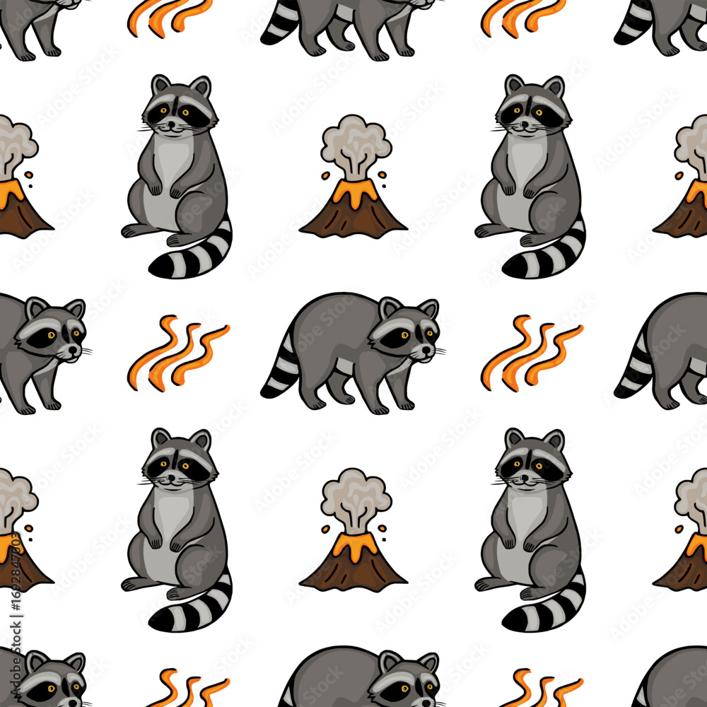 Aufkleber seamless vector pattern featuring playful raccoons and erupting volcanoes, creating a whimsical and 