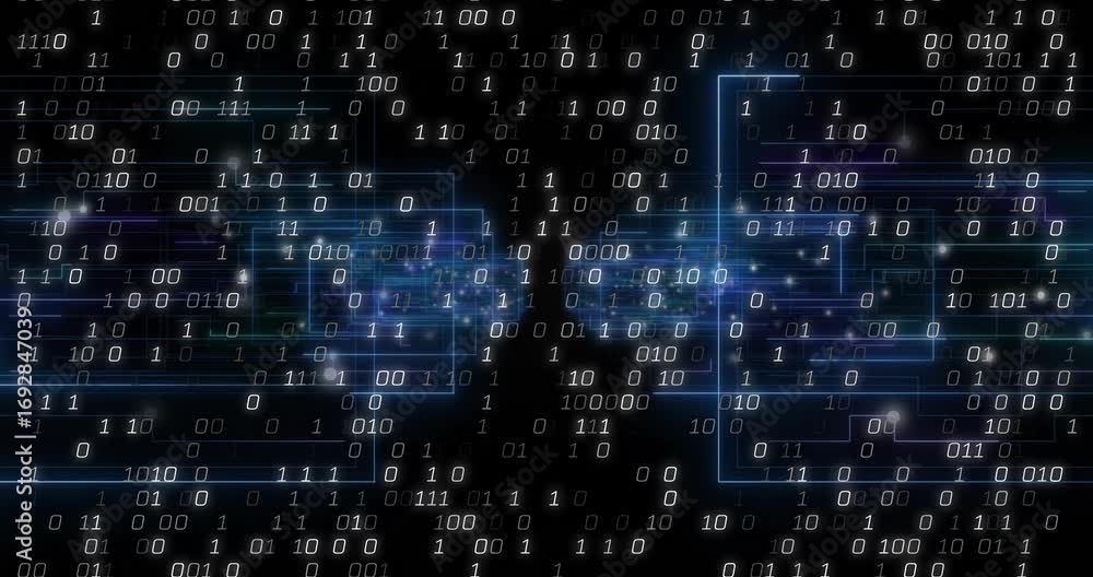 Aufkleber binary digits streaming from pulsing neon-blue clusters toward center, visualizing data flow