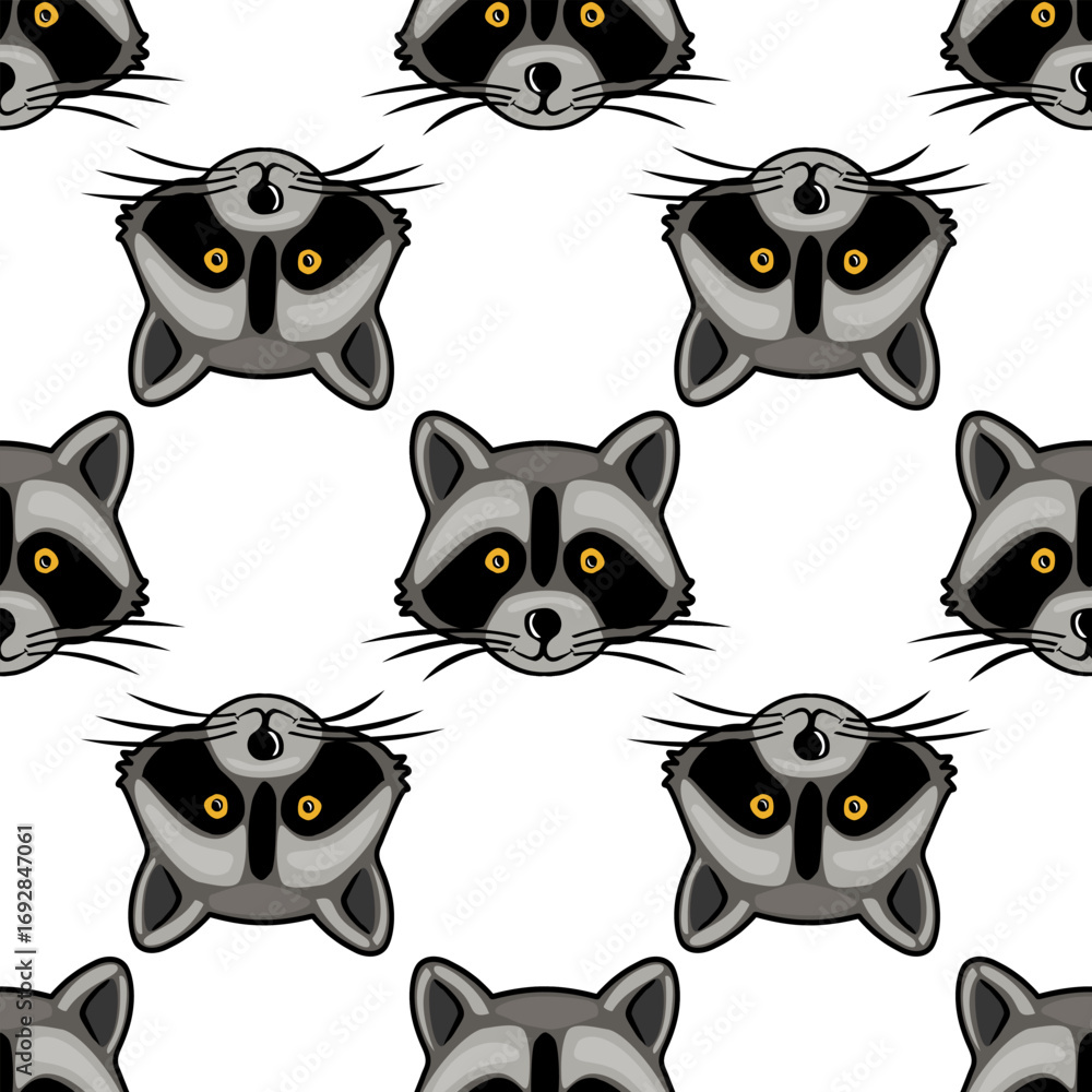 Poster seamless vector pattern featuring playful raccoon faces with bright yellow eyes, alternating between