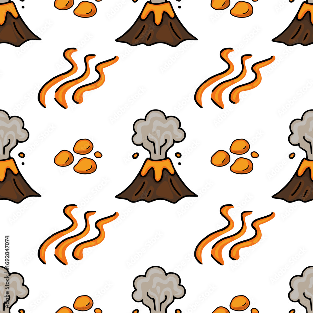 Poster seamless vector pattern featuring hand-drawn cartoon volcanoes erupting orange lava and smoke, accom