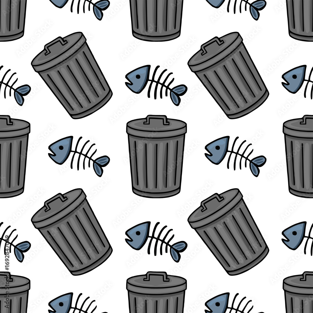Poster seamless vector pattern featuring dark grey trash cans and stylized fish bones on a white background