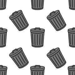 Seamless vector pattern of hand-drawn dark grey trash cans with lids, featuring a playful, slightly tilted arrangement against a clean white background.