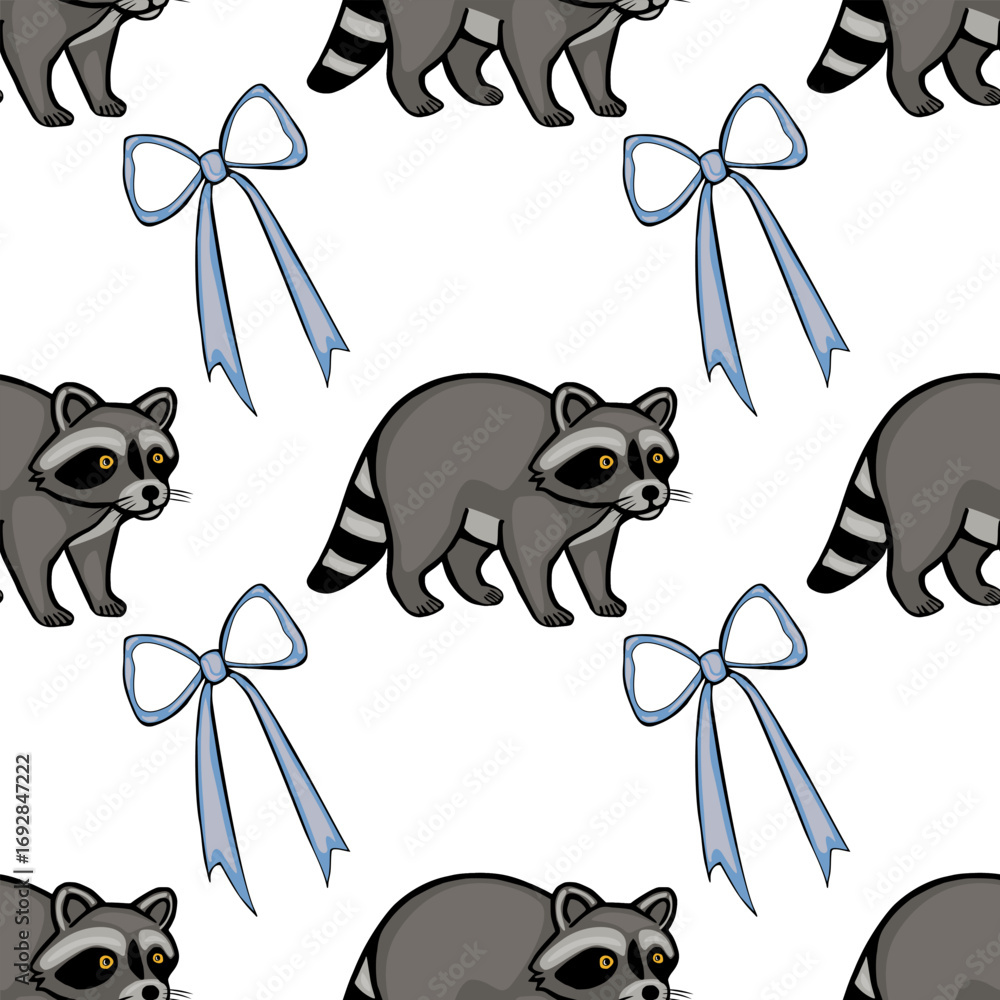 Poster seamless vector pattern featuring playful raccoons and light blue bows on a white background, creati