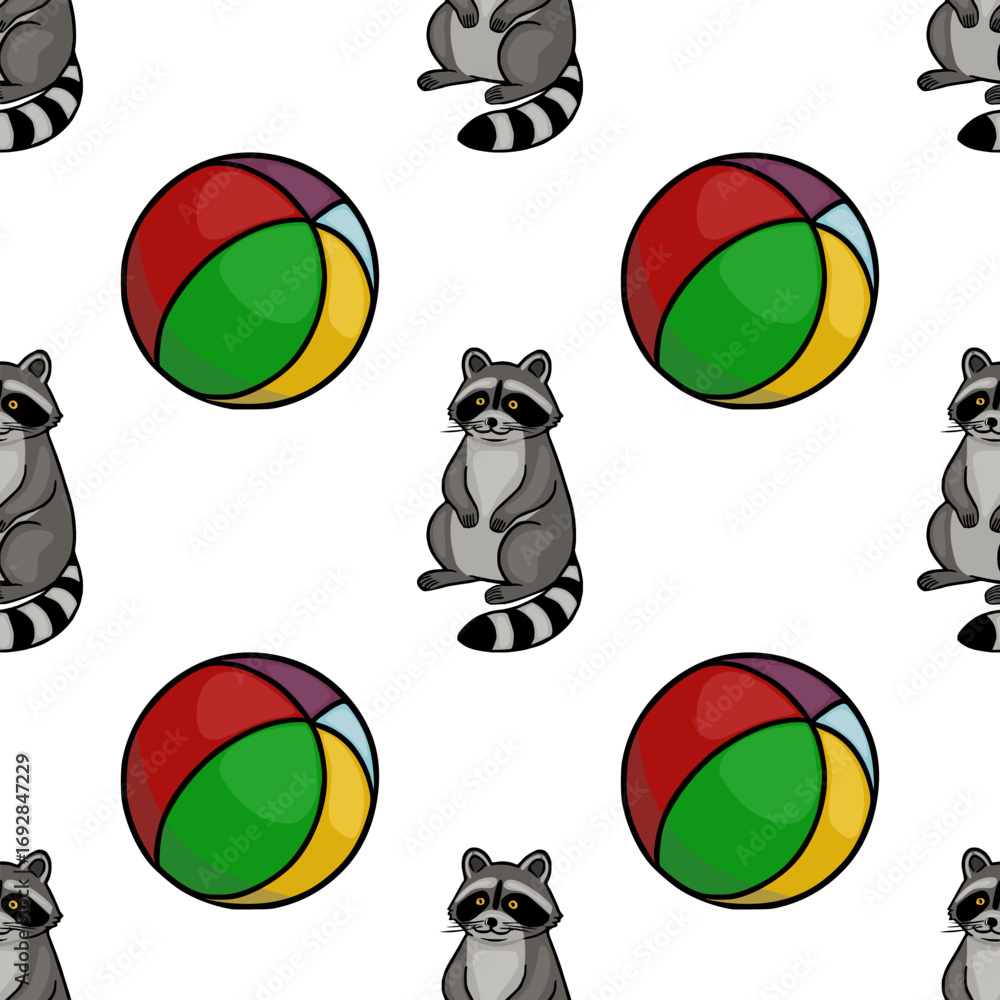 Poster seamless vector pattern featuring playful raccoons and colorful beach balls, creating a cheerful and