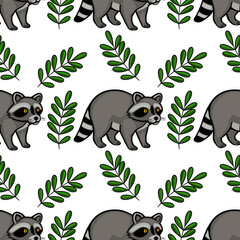 Seamless vector pattern featuring adorable cartoon raccoons and stylized green leaves on a white background, perfect for textile prints or kids designs.