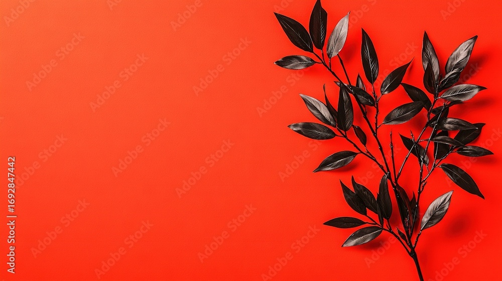 Poster branch of plant on red background with space for text or image card or brochure