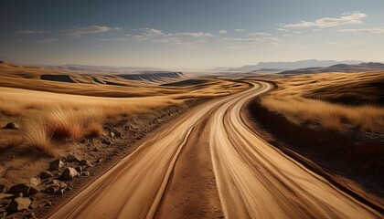 Naklejka premium a well worn winding dirt road with visible textured earth and dry grassy edges curves forward into the distance
