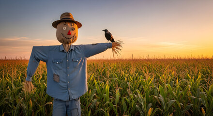 A weathered scarecrow stands guard in a cornfield at sunset with a crow perched on its arm